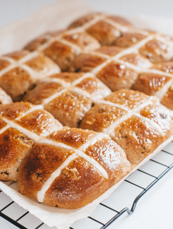 Sourdough hot cross buns with a flour paste cross.