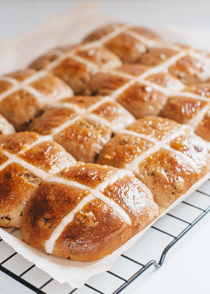 Sourdough hot cross buns with a flour paste cross.