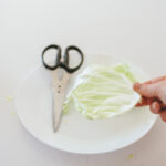 Cutting out a round of cabbage leaf.