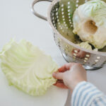 Removing an outer leaf of a head of cabbage.