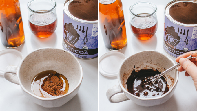 Mixing together the cocoa powder and maple syrup for a homemade cafe mocha. 