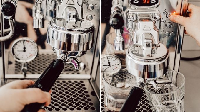 Making espresso with an espresso machine.