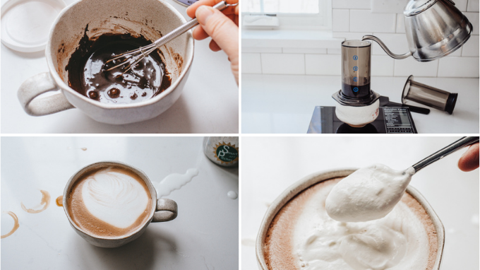 Step for making a caffe mocha at home.