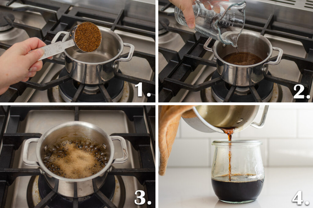 Step by step photos for how to make a brown sugar simple syrup to put into a brown sugar oatmilk shaken espresso.