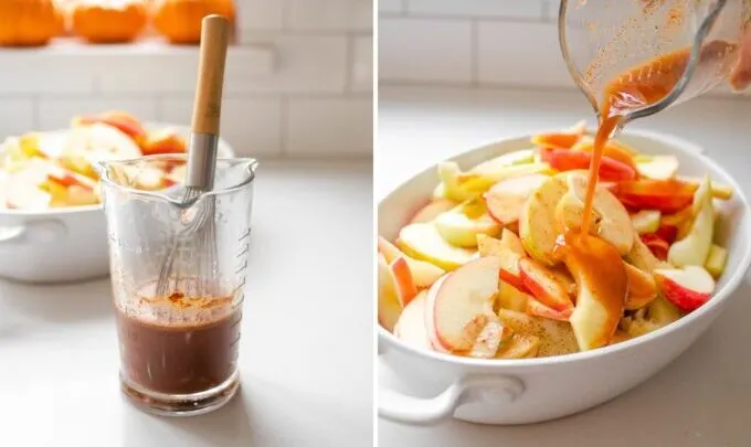 Whisking together the ingredients separately in a small measuring cup and pouring them over the apples in the baking dish.