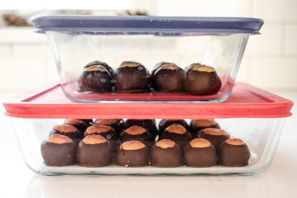 The finished buckeyes in an airtight storage container. 
