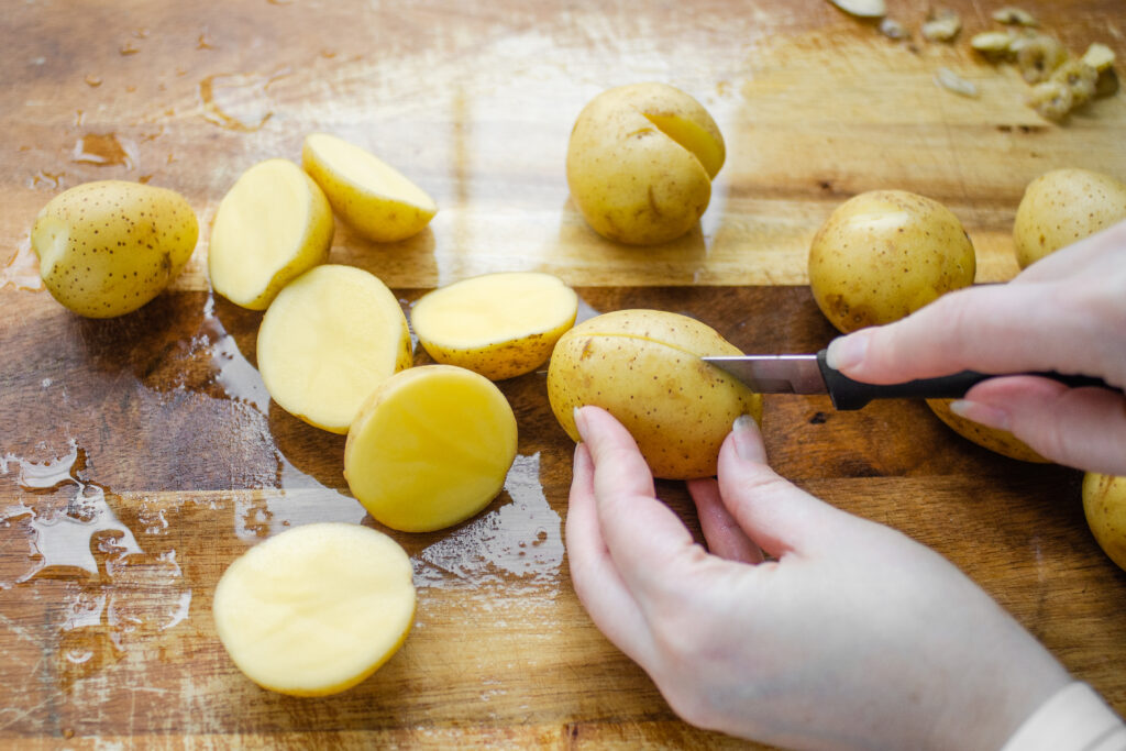 Preparing the baby Yukon golds for the elevated version.