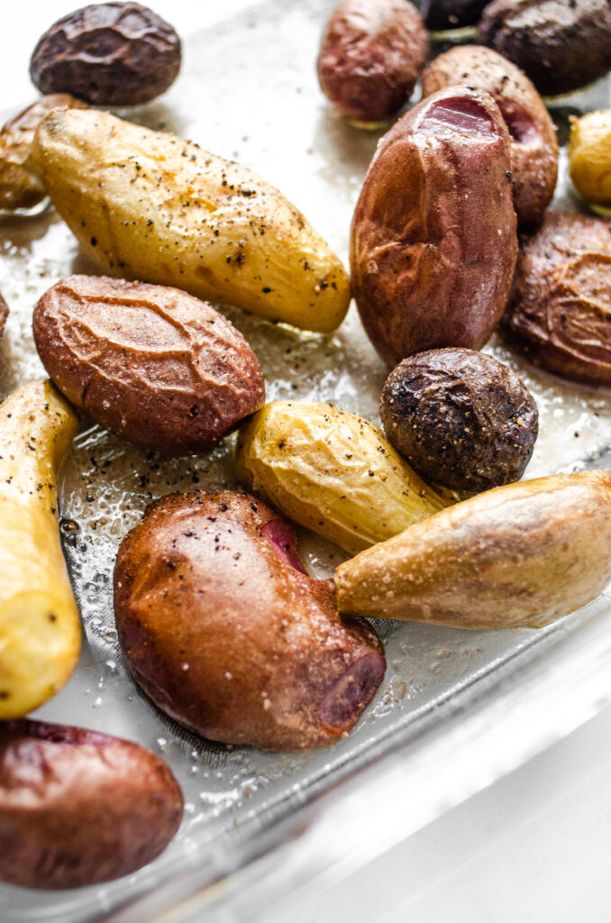 A pan of oven roasted baby potatoes.