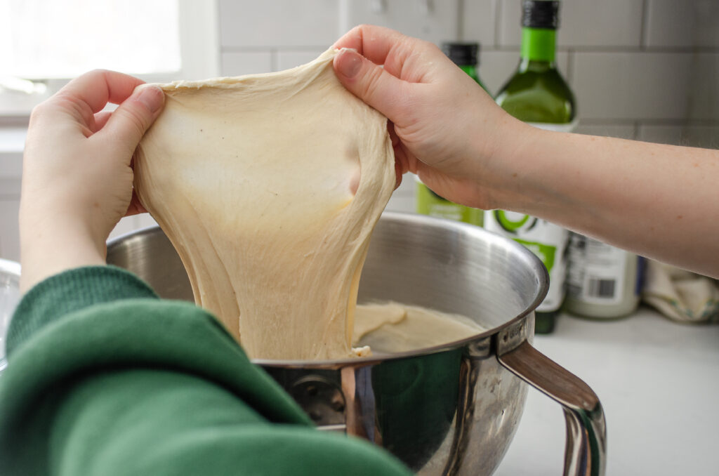 The cinnamon roll dough without milk all kneaded and beautifully stretchy.