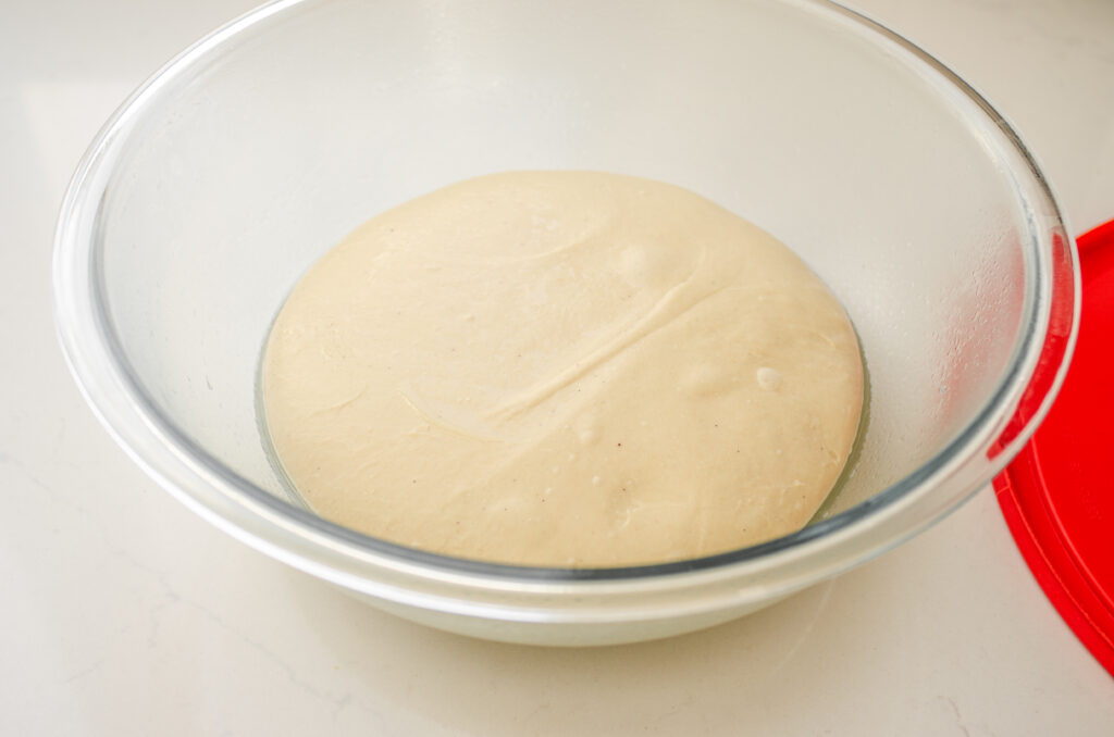 The risen dough in a greased bowl.