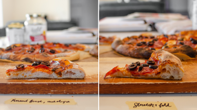 The simple method and stretch and fold method of mixing the sourdough pizza dough side by side for comparison.