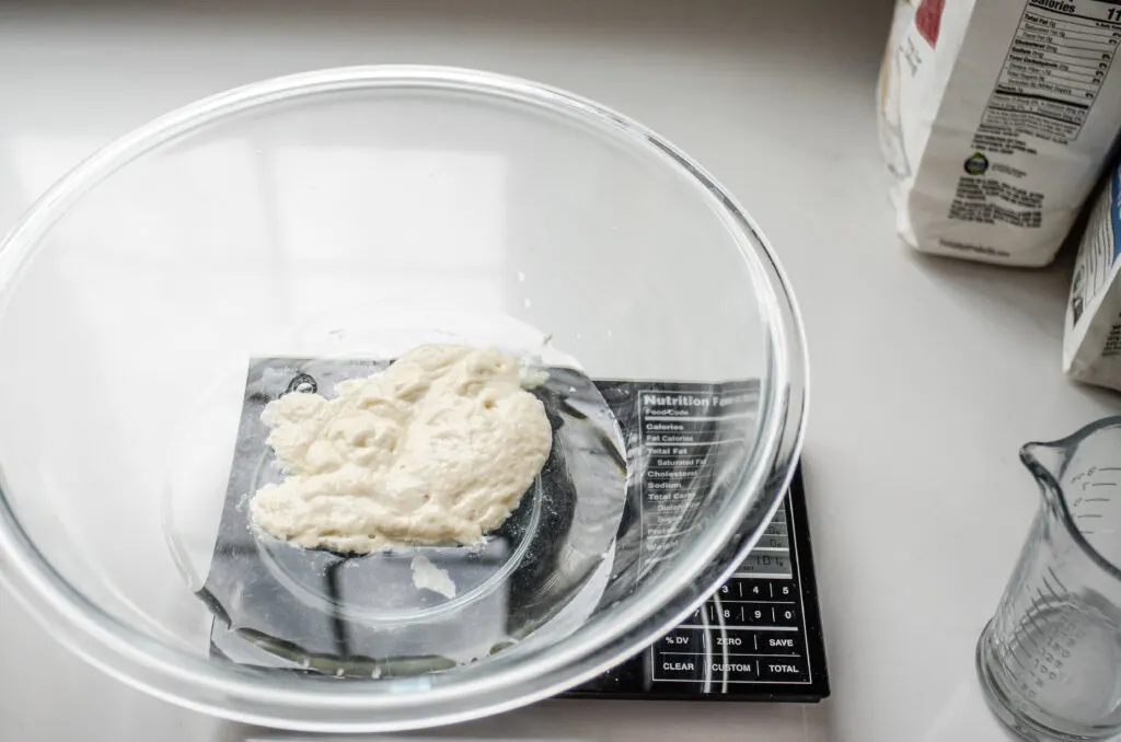 Placing the water and sourdough starter in a large mixing bowl.
