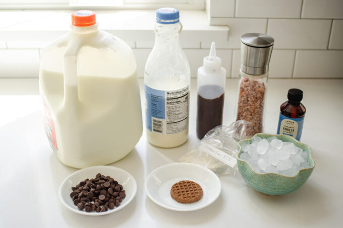 All of the ingredients needed to make a double chocolate chip Frappuccino at home.