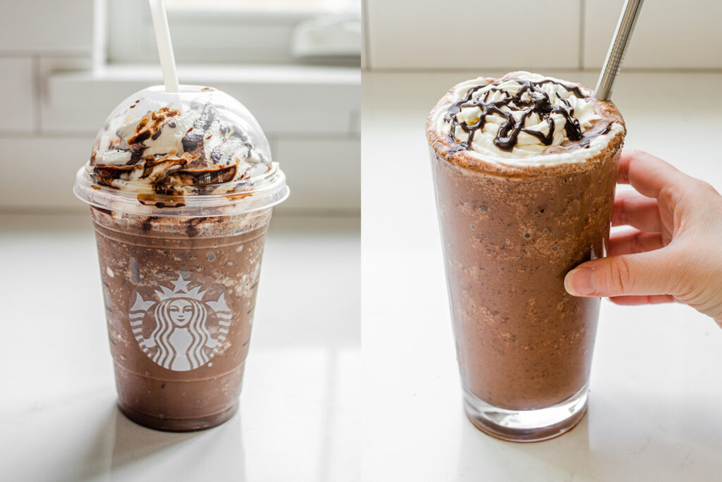 A side by side comparison of the Starbucks Double Chocolatey Chip Crème Frappuccino vs my copycat homemade version.