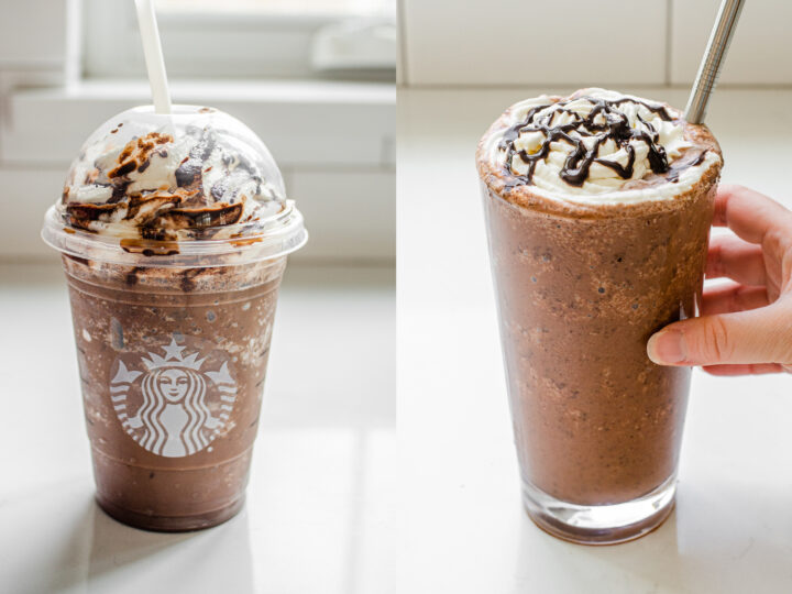 A side by side comparison of the Starbucks Double Chocolatey Chip Crème Frappuccino vs my copycat homemade version.