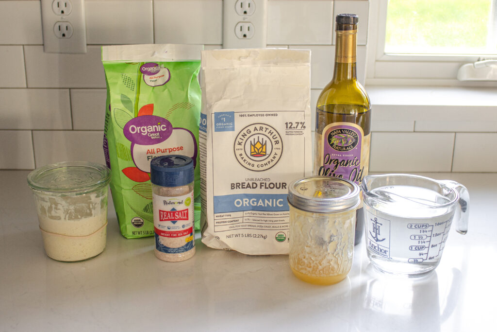 All of the ingredients needed to make sourdough focaccia.