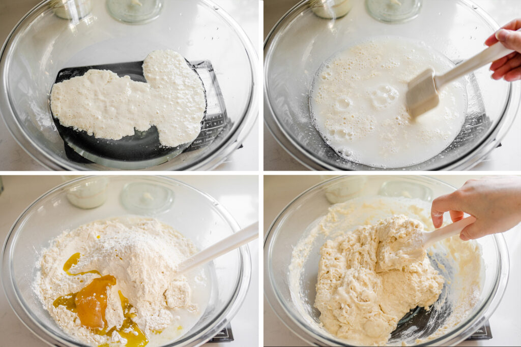 Mixing together the first part of the sourdough focaccia dough.