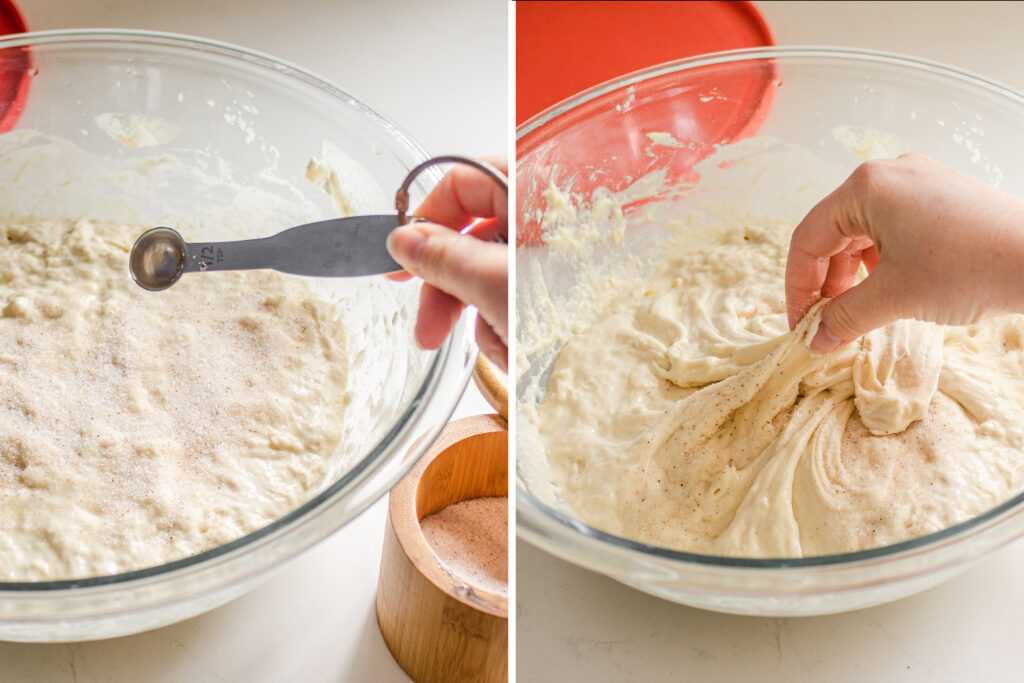 Adding the salt to the focaccia dough.