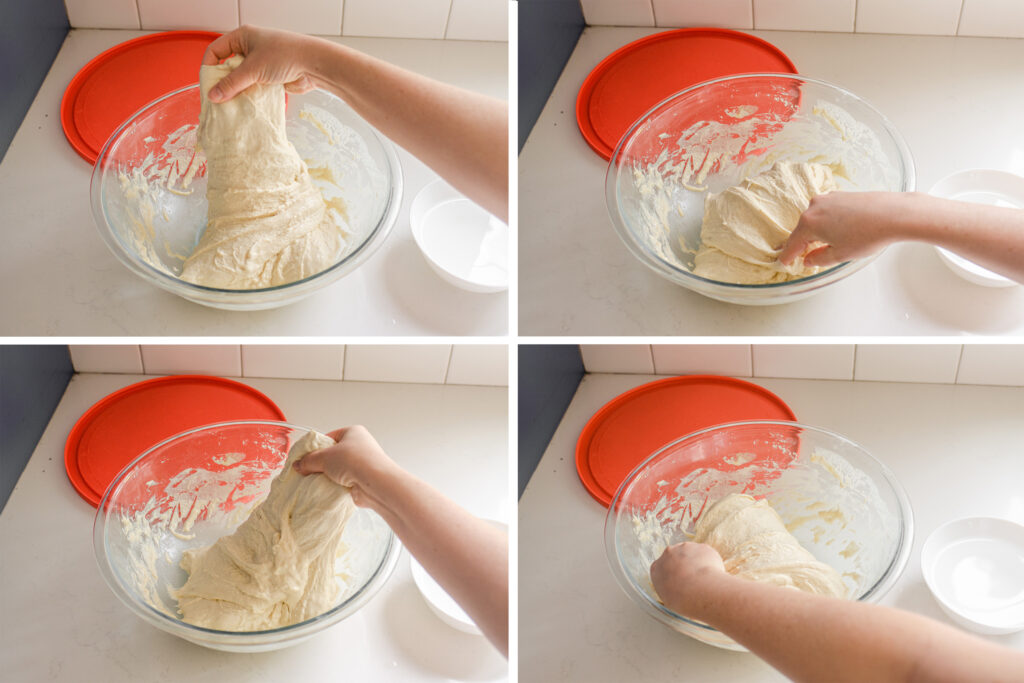 Performing a sequence of stretches and folds to develop the gluten in the sourdough focaccia dough.