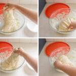 Performing a sequence of stretches and folds to develop the gluten in the sourdough focaccia dough.