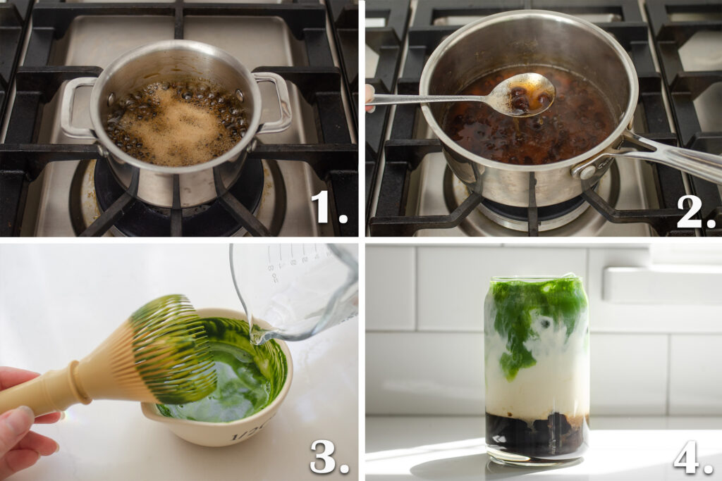 All of the steps for how to make matcha milk tea with Boba at home.