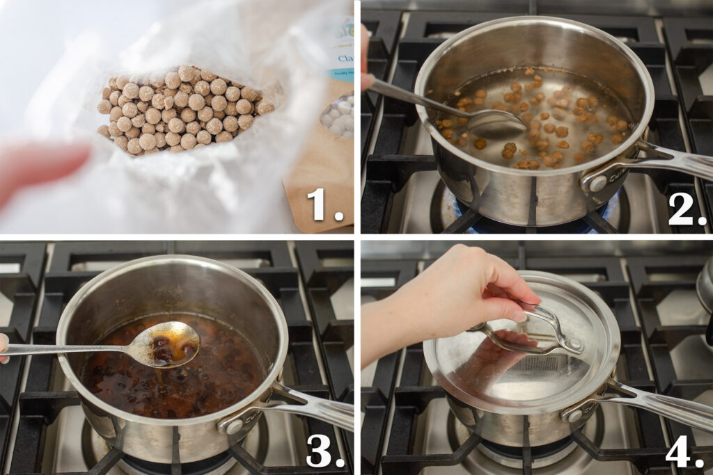 Cooking the boba for the matcha milk tea step by step.