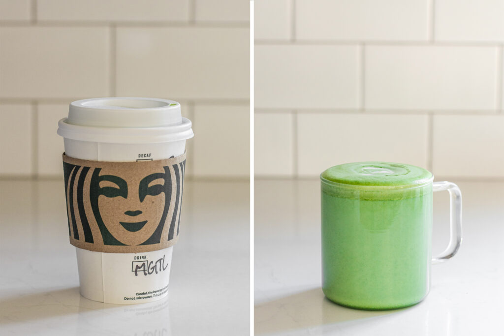 A photo of a Starbucks hot matcha green tea latte next to a photo of my homemade version.