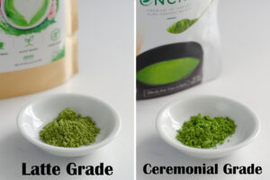 A side by side comparison of latte grade and ceremonial grade matcha for color comparison.