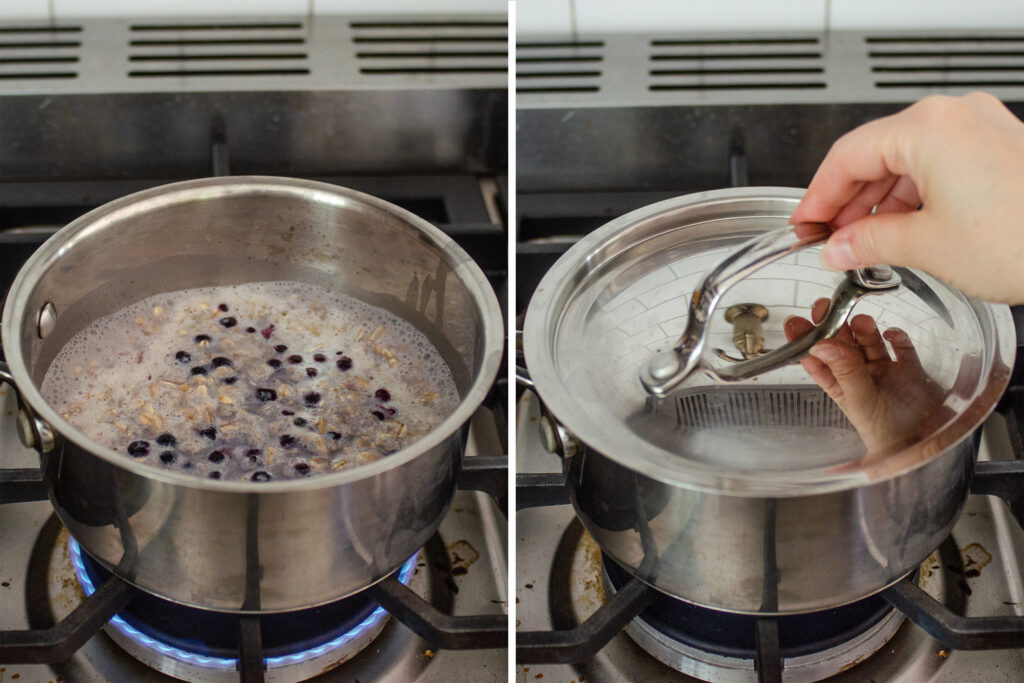 Simmering the blueberry oatmeal on the stove.