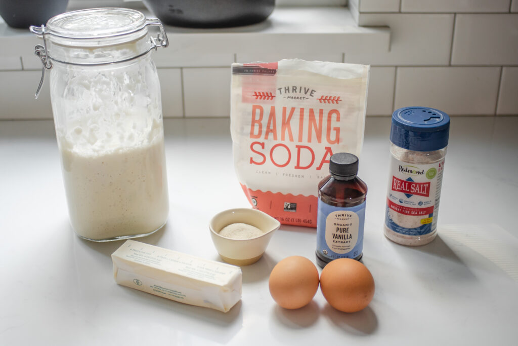 All of the ingredients needed to make sourdough starter discard waffles.