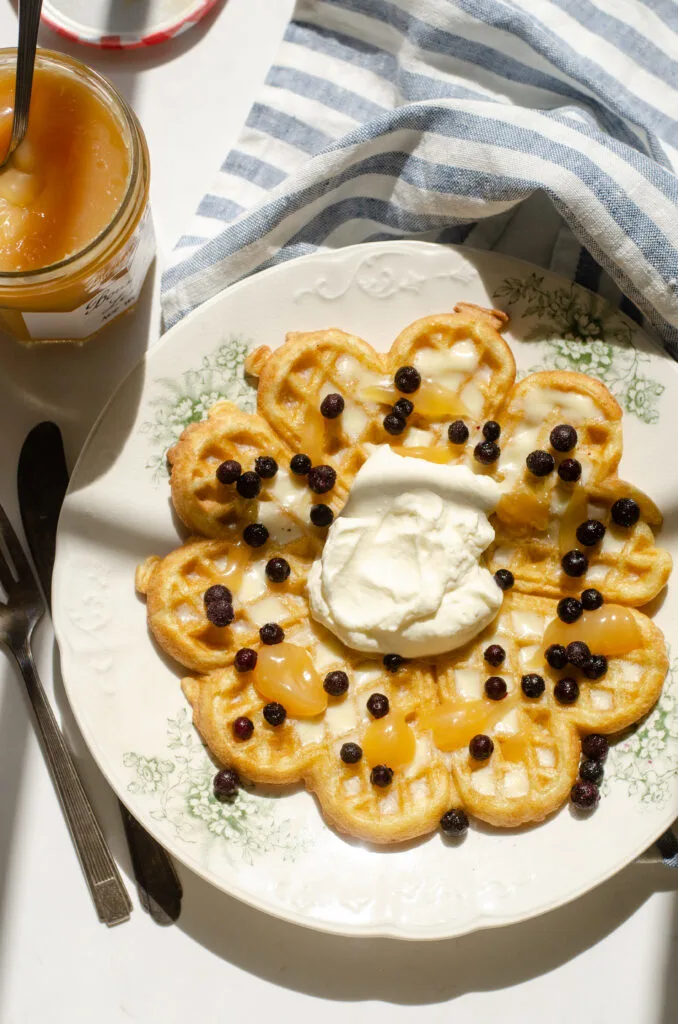 Sourdough discard waffle with lemon curd, whipped cream, and blueberries on top.