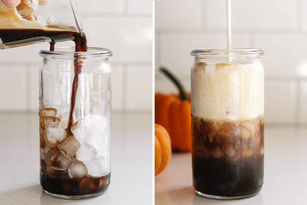 Pouring the espresso over ice and pouring the pumpkin cold foam on top.