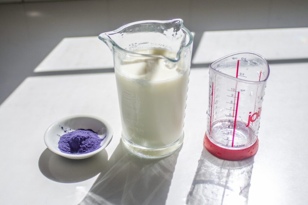 All of the ingredients needed to make a butterfly pea flower latte (AKA blue matcha latte)