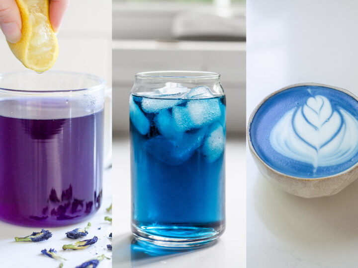 Three ways to use blue butterfly pea flower tea: hot, iced, or latte!