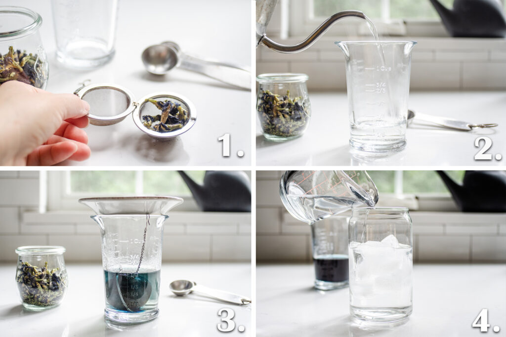 All of the steps needed to make an iced butterfly pea tea drink.