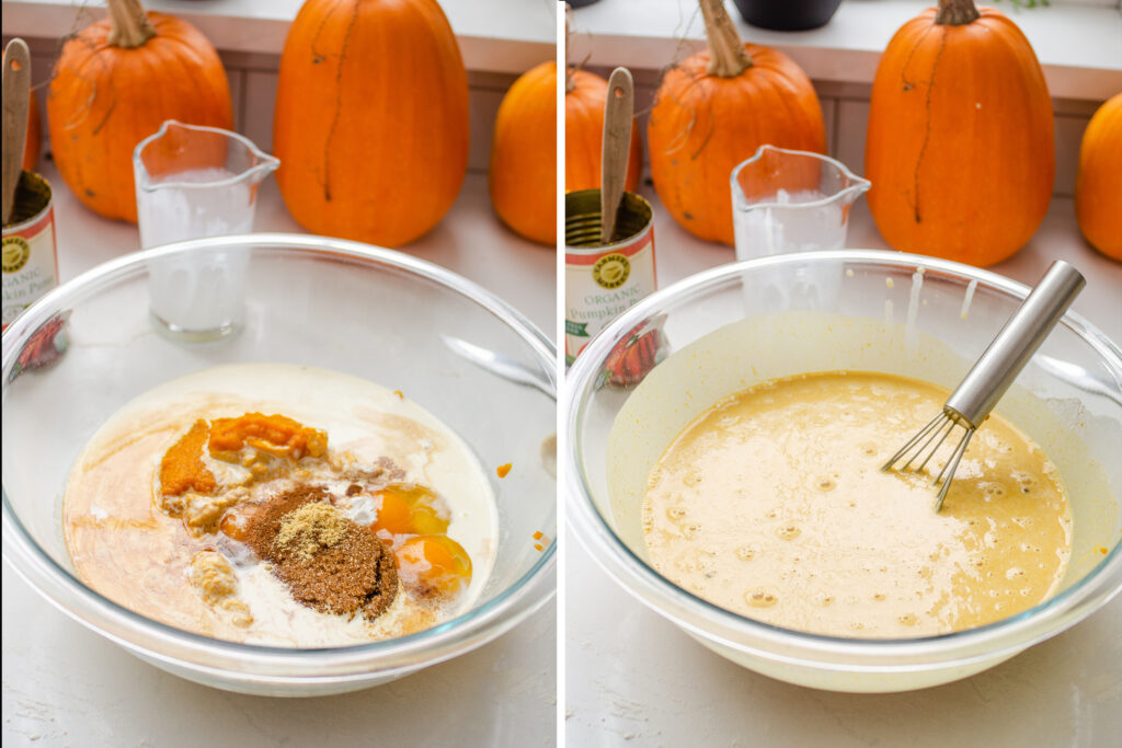 A diptych of all of the filling ingredients for the low sugar pie in a large mixing bowl, and then the next photo of them being mixed together.