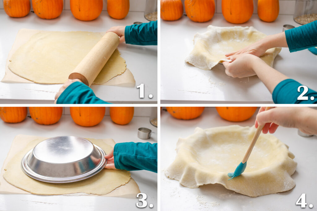 A collage photo of rolling out a pie crust and fitting it into the pie pan.