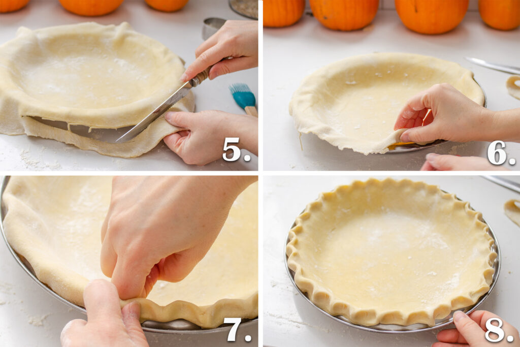 A collage of photos demonstrating crimping the pie crust. 