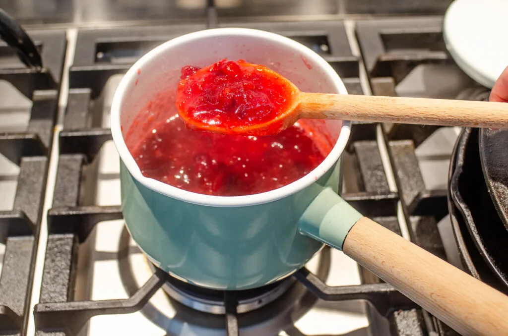 Holding a spoonful of the boiled organic cranberry sauce to demonstrate how thick it got after simmering.
