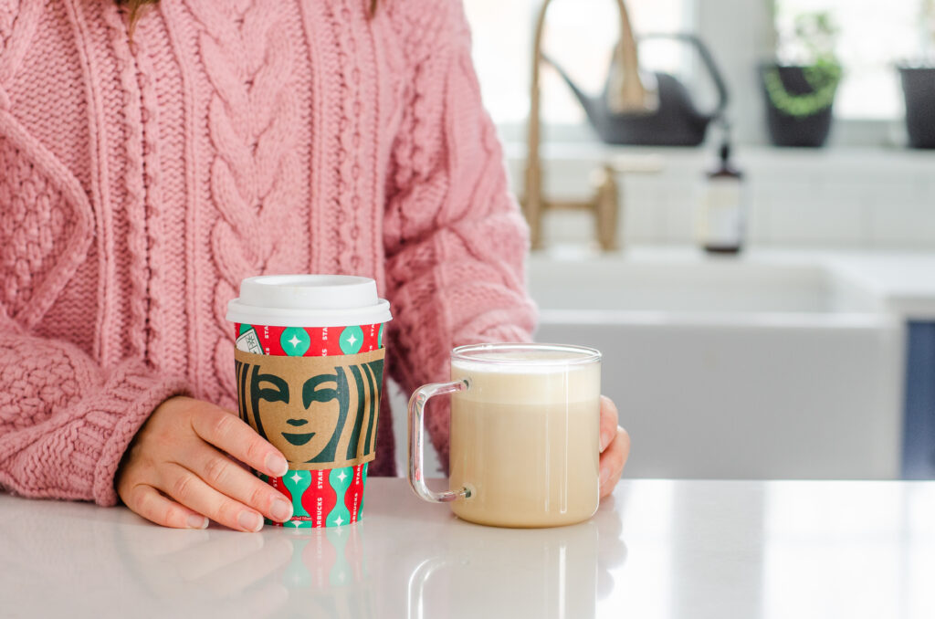 A photo of the Starbucks hot chai tea latte with my homemade version side by side.