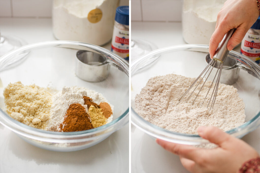 Whisking together the dry ingredients in a large mixing bowl. 