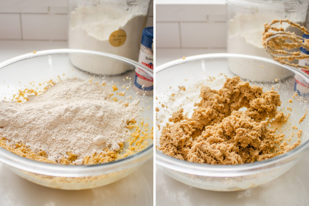 Adding the dry ingredients to the wet ingredients to make the dough for the speculoos cookies. 