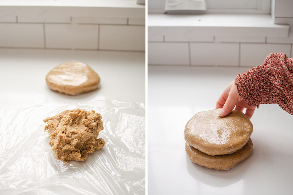 Placing the speculoos cookie dough on sheets of parchment paper to form into discs. 