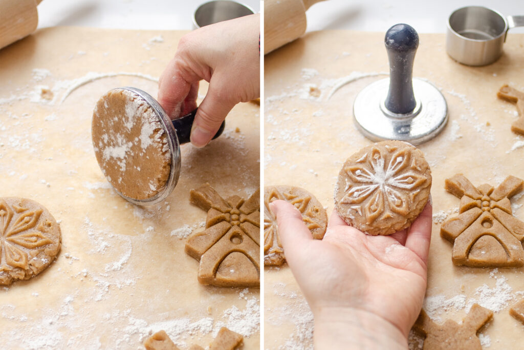 Using a cookie stamp to form speculaas cookies.