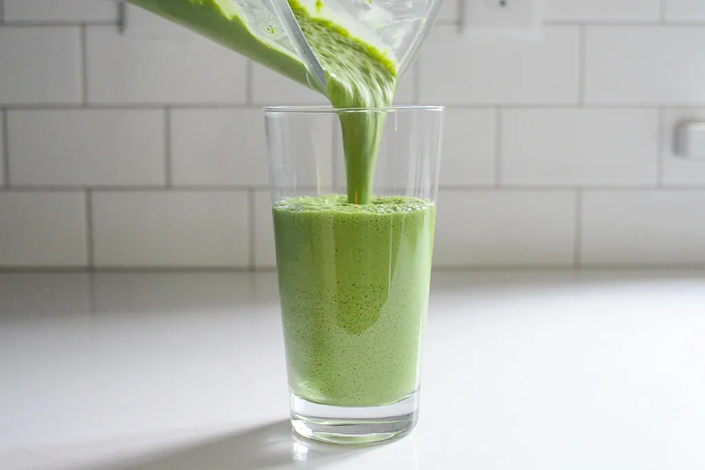 Pouring the matcha green tea Frappuccino into a 20 ounce clear glass.
