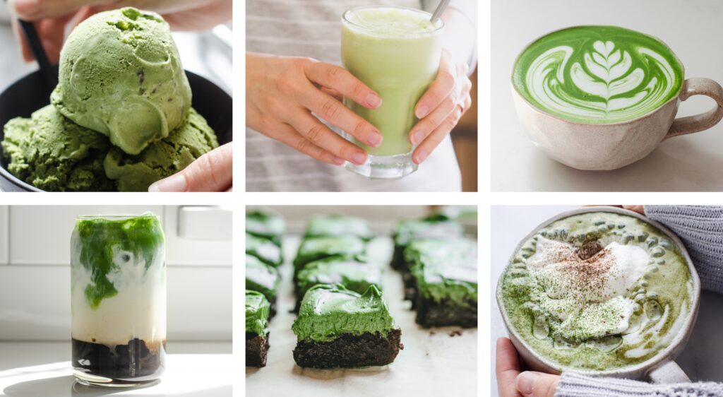 A photo collage of different matcha recipes.