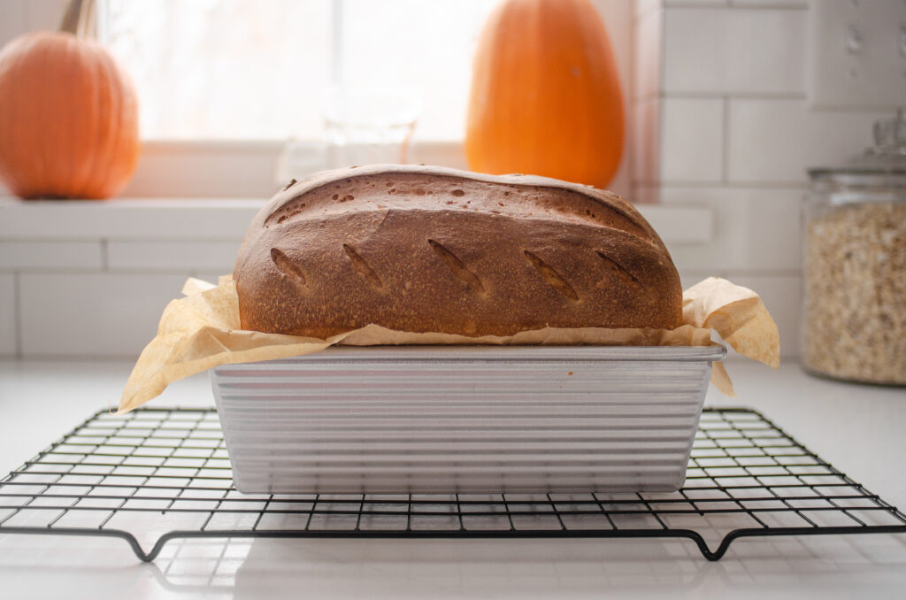 The baked loaf of bread in a loaf pan on top of a wire rack.