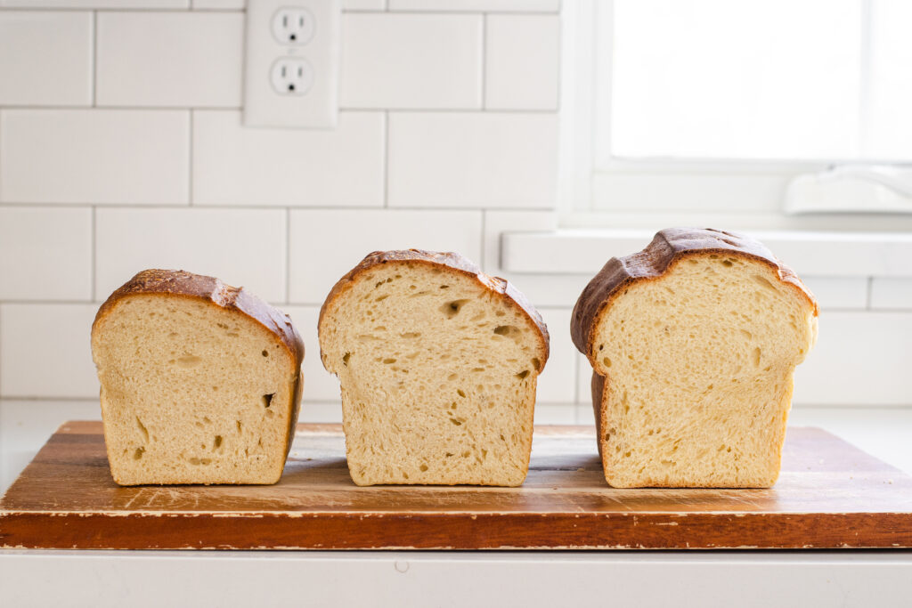 A side by side comparison of the different methods of making the sourdough sandwich loaf.