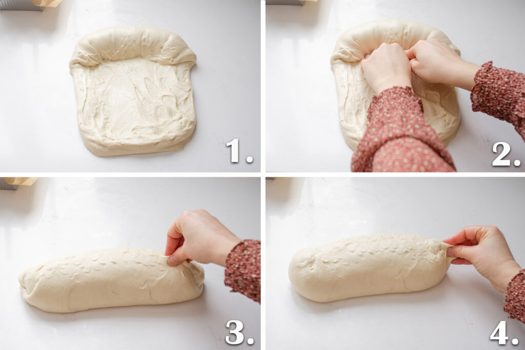 A photo collage showing how to form a loaf of sourdough sandwich bread.