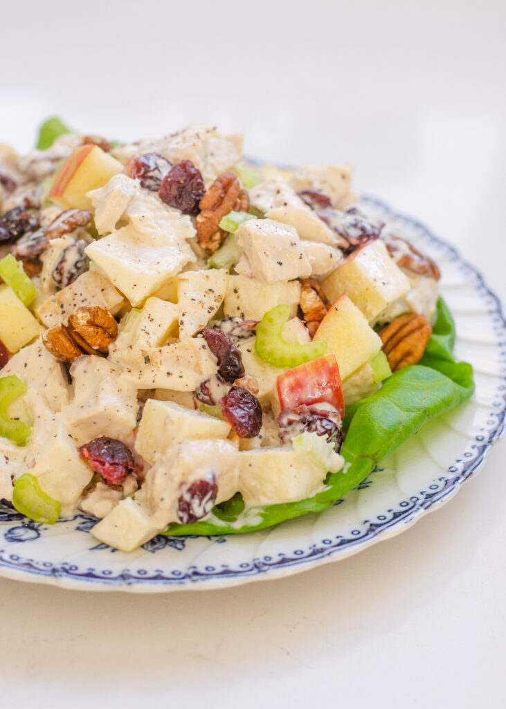 A plate of chicken salad made with cranberries and pecans on a vintage blue plate.